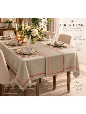 Zeren Home Kızıl Harman Nakış Pikolu Taş Renk Kutulu Masa Örtüsü Takımı – 1 Runner ve 12 Peçete Çeyizlik Sofra Seti