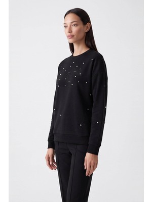 Fashion Friends Baskılı Taş Detaylı Siyah Kadın Sweatshirt 26K0151K1