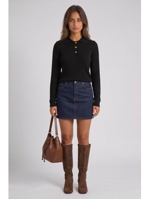 Fashion Friends Saç Örgülü Polo Yaka Siyah Kadın Bluz 26K0208K1