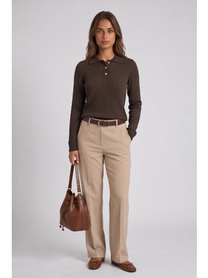 Fashion Friends Saç Örgülü Polo Yaka Kahverengi Kadın Bluz 26K0208K1