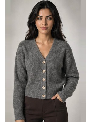 Fashion Friends V Yaka Düğmeli Antrasit Kadın Hırka 26K0234K1