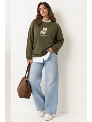 Fashion Friends Nakışlı Haki Kadın Sweatshirt 26K0030K1