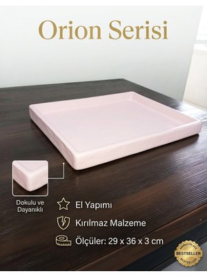 Art By Aslı Orion Serisi El Yapımı Açık Pembe Tepsi 29X36 cm - Kırılmaz Dekoratif Sunum Tepsisi & Kahve Tepsisi