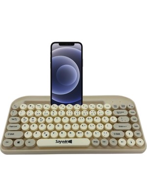 Str Store Bluetooth Klavye Renkli Retro Kablosuz Klavye Daktilo Görünümlü Tuş Tasarımı Şık ve Kullanışlı Telefon Koyma Gözü Pilli Türkçe Q Klavye Sw-05 (Krem)