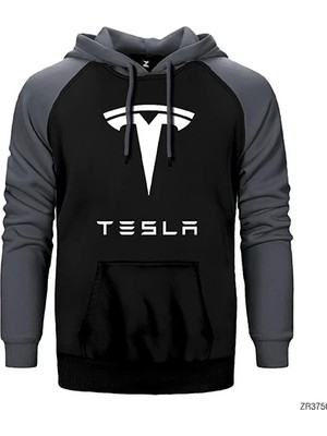 Z zepplin Tesla Logo Gri Renk Reglan Kol Kapşonlu Sweatshirt