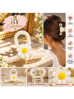 Ry Collections  Papatya Desenli Mandal Saç Tokası Beyaz