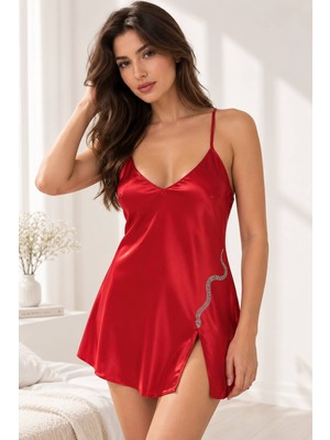 Love Secret Sehiba Siyah Yılan Taş Baskılı Saten Gecelik