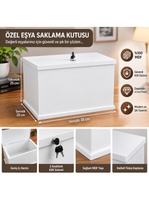 Bozkurt Cnc Özel Büyük Boy Kilitli ve 2 Anahtarlı %100 Mdf Beyaz Özel Eşya Saklama Kutusu Yedek Anahtarlı 35X25X25 cm