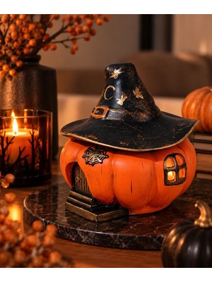 Artnest Turuncu Halloween Temalı Kapaklı Balkabağı Büyücü Şapkalı Dekoratif Obje Hediyelik Saklama Kutusu Biblo