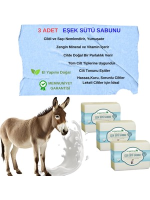 Organicsun Doğal Eşek Sütü Sabunu 140 gr x 3 Adet Tüm Cilt Tipleri Için Anti Aging Etkili B ve E Vitaminli