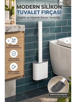 Primeaks Beyaz Silikon Klozet Temizleme Fırçası ve Yapışkanlı Tutucu Hazne Seti Banyo Wc Tuvalet Fırçası