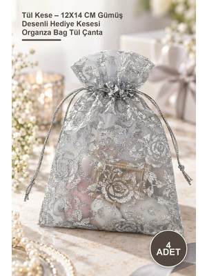 Yenilig 4 Adet Tül Kese – 12X14 cm Gümüş Desenli Hediye Kesesi Organza Bag Tül Çanta