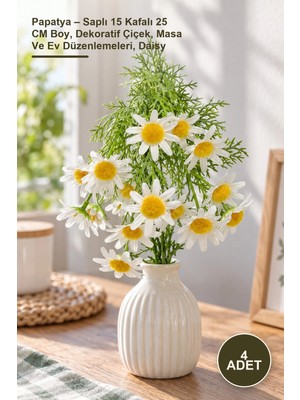 Yenilig 4 Adet Papatya – Saplı 15 Kafalı 25 cm Boy, Dekoratif Çiçek, Masa ve Ev Düzenlemeleri, Daisy