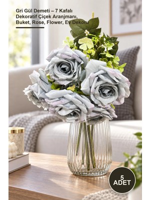 Yenilig 5 Adet Gri Gül Demeti – 7 Kafalı Dekoratif Çiçek Aranjmanı, Buket, Rose, Flower, Ev Dekoru