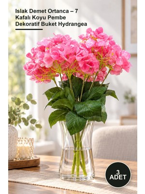 Yenilig 3 Adet Islak Demet Ortanca – 7 Kafalı Koyu Pembe Dekoratif Buket Hydrangea