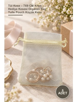 Yenilig 5 Adet Tül Kese – 7x9 cm Krem Hediye Kesesi Organze Bag Tulle Pouch Küçük Kese