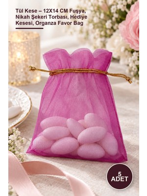 Yenilig 5 Adet Tül Kese – 12X14 cm Fuşya, Nikah Şekeri Torbası, Hediye Kesesi, Organza Favor Bag