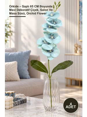 Yenilig 4 Adet Orkide – Saplı 65 cm Boyunda Mavi Dekoratif Çiçek, Salon ve Masa Süsü, Orchid Flower