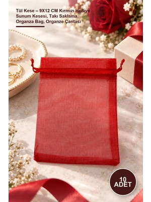 Yenilig 10 Adet Tül Kese – 9X12 cm Kırmızı Hediye Sunum Kesesi, Takı Saklama, Organza Bag, Organze Çantası
