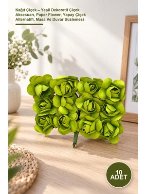 Yenilig 10 Adet Kağıt Çiçek – Yeşil Dekoratif Çiçek Aksesuarı, Paper Flower, Yapay Çiçek Alternatifi, Masa ve Duvar Süslemesi