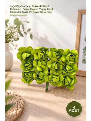 Yenilig 4 Adet Kağıt Çiçek – Yeşil Dekoratif Çiçek Aksesuarı, Paper Flower, Yapay Çiçek Alternatifi, Masa ve Duvar Süslemesi