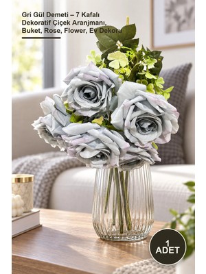 Yenilig 1 Adet Gri Gül Demeti – 7 Kafalı Dekoratif Çiçek Aranjmanı, Buket, Rose, Flower, Ev Dekoru