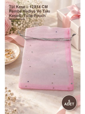 Yenilig 5 Adet Tül Kese – 12X14 cm Pembe Hediye ve Takı Kesesi, Tulle Pouch