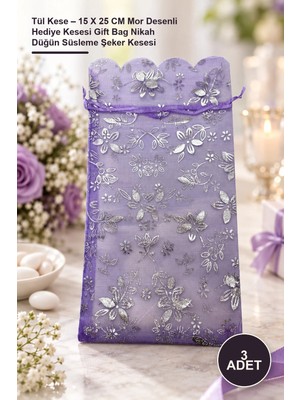 Yenilig 3 Adet Tül Kese – 15 x 25 cm Mor Desenli Hediye Kesesi Gift Bag Nikah Düğün Süsleme Şeker Kesesi