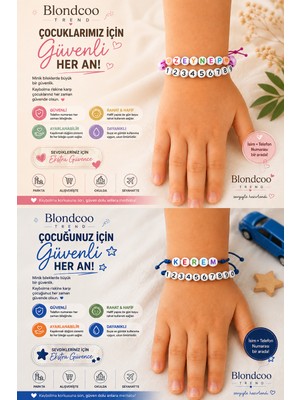 Blondcoo Trend Kişiye Özel Isimli ve Telefon Numaralı Ayarlanabilir Çocuk Bilekliği