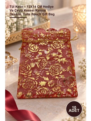 Yenilig 10 Adet Tül Kese – 12X14 cm Hediye ve Çeyiz Kesesi Kırmızı Desenli, Tulle Pouch Gift Bag