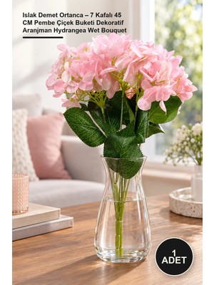Yenilig 1 Adet Islak Demet Ortanca – 7 Kafalı 45 cm Pembe Çiçek Buketi Dekoratif Aranjman Hydrangea Wet Bouquet