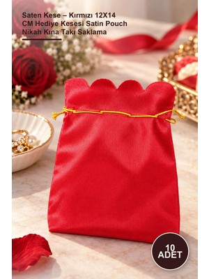 Yenilig 10 Adet Saten Kese – Kırmızı 12X14 cm Hediye Kesesi Satin Pouch Nikah Kına Takı Saklama