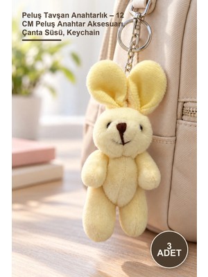 Yenilig 3 Adet Peluş Tavşan Anahtarlık – 12 cm Peluş Anahtar Aksesuarı, Çanta Süsü, Keychain