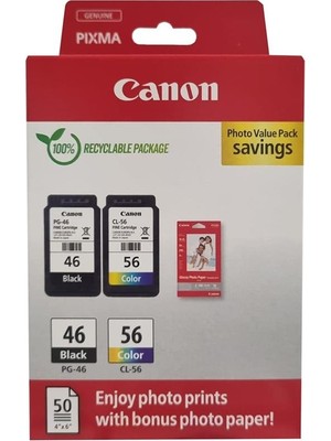 Canon Pg-46 Cl-56 Multipack 2'li Mürekkep Kartuş 50 Adet 10X15 Fotoğraf Kağıdı Hediyeli