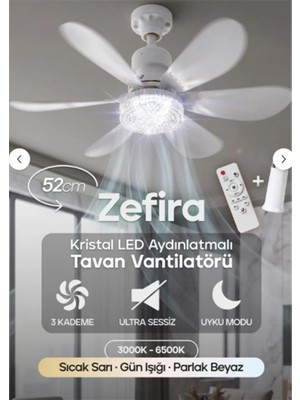 Feny FN-F82 Zefira 3 Kademe Ultra Sessiz Uyku Mod 3000K-6500K Kristal LED Tavan Vantilatörü Kumanda