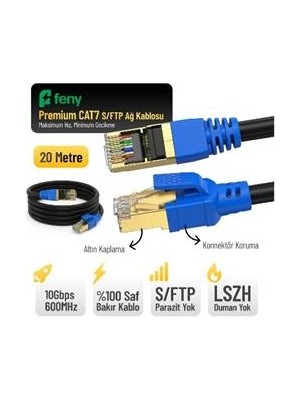 Feny FN-CAT7LS20 10GBPS Internet 600MHZ 20 Metre Cat7 Gold Patch Kablo (Yanmaz- Yüzde 100 Saf Bakır)