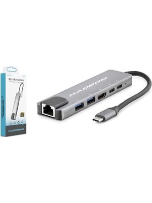 Hadron HDX7791 Type-C Hdtv Combo HDMI 4K 30HZ + 2-Type-C + 2-Usb3.0 + Lan 6ın1 Gri
