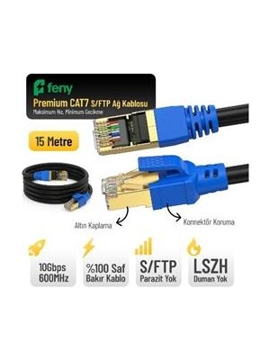 Feny FN-CAT7LS15 10GBPS Internet 600MHZ 15 Metre Cat7 Gold Patch Kablo (Yanmaz- Yüzde 100 Saf Bakır)