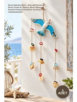 Yenilig 3 Adet Deniz Kabuklu Martı – Dekoratif Süsleme, Deniz Temalı Ev Dekoru, Marin Aksesuar, Seashell Seagull Ornament, Nautical Decor