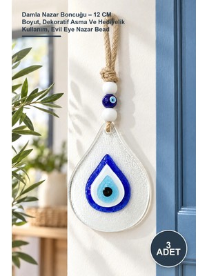 Yenilig 3 Adet Damla Nazar Boncuğu – 12 cm Boyut, Dekoratif Asma ve Hediyelik Kullanım, Evil Eye Nazar Bead