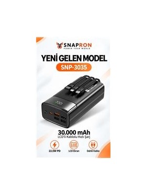 Snapron SNP-3035 30.000 Mah LCD Ekran Dahili Kablolu 22.5W Hızlı Şarj Powerbank