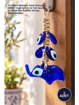 Yenilig 3 Adet Fil Figürlü Makrome Nazar Boncuğu – Küpeli Tasarım, Askı ve Takı Uyumlu, Fil Motifli Süs, Evil Eye Earring