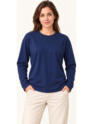 Tarz Yeri Kadın Modal Yumuşak Dokulu Bisiklet Yaka Uzun Kollu Tişört Sweatshirt - Lacivert