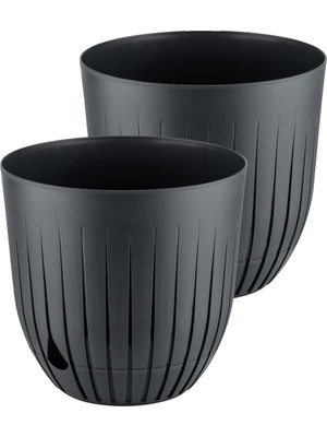 Vera Concept Store Çizgi Saksı Plastik Delikli Tabaklı Çiçek Saksısı (2 Adet, Antrasit, 10 Litre)