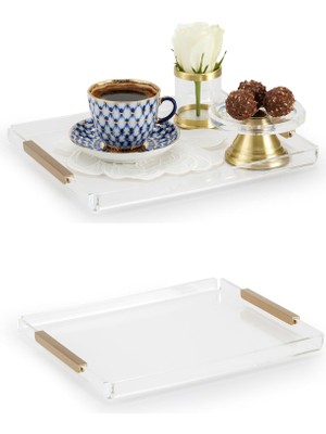 Vera Concept Store Memonza Şeffaf Akrilik Dekoratif Tepsi Pirinç Kulplu Orta Boy 26 x 21 x 2,5 cm Organizer Sunum Tepsisi