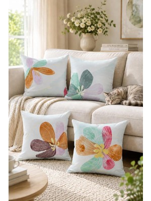 Vera Concept Store Çift Tarafı Baskılı Pastel Flower-2 Desenli 4'lü Kombin Süet Kırlent Kılıfı Şık Salon Dekoru