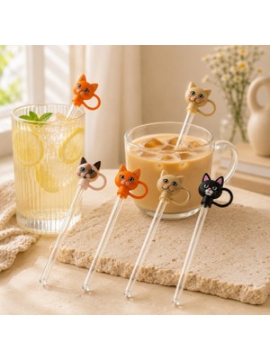 Vera Concept Store Silikon Kapaklı Cam Pipet Seti 4'lü, Kedi Desenli Cam Pipet, Yeniden Kullanılabilir Şeffaf Pipet Seti, Termos Bardak Uyumlu Silikon Kapaklı Pipet, Soğ