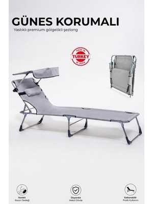 Vera Concept Store Ecm Proger Gölgelikli Katlanabilir Şezlong, Havuz, Bahçe ve Teras Için, Yastıklı, Alüminyum, Gri, Modern Stil