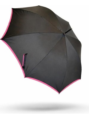 Vera Concept Store Pembe Şeritli Siyah Uzun Baston Şemsiye, Pongee Kumaş, Otomatik Açılım, Kauçuk Sap, 8 Panel, 103 cm Çap