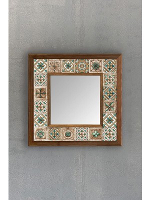 Vera Concept Store Oscar Stone Decor Masif Çerçeveli Mozaik Taş Ayna 33CM x 33CM (Morocco - Etnik Desen) Brown-Turkuaz